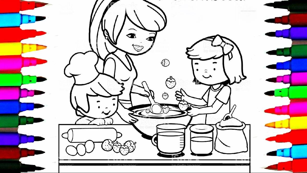 1280x720 Coloring Pages Kitchen L Mommy Baking With Boy And Girl L Drawing