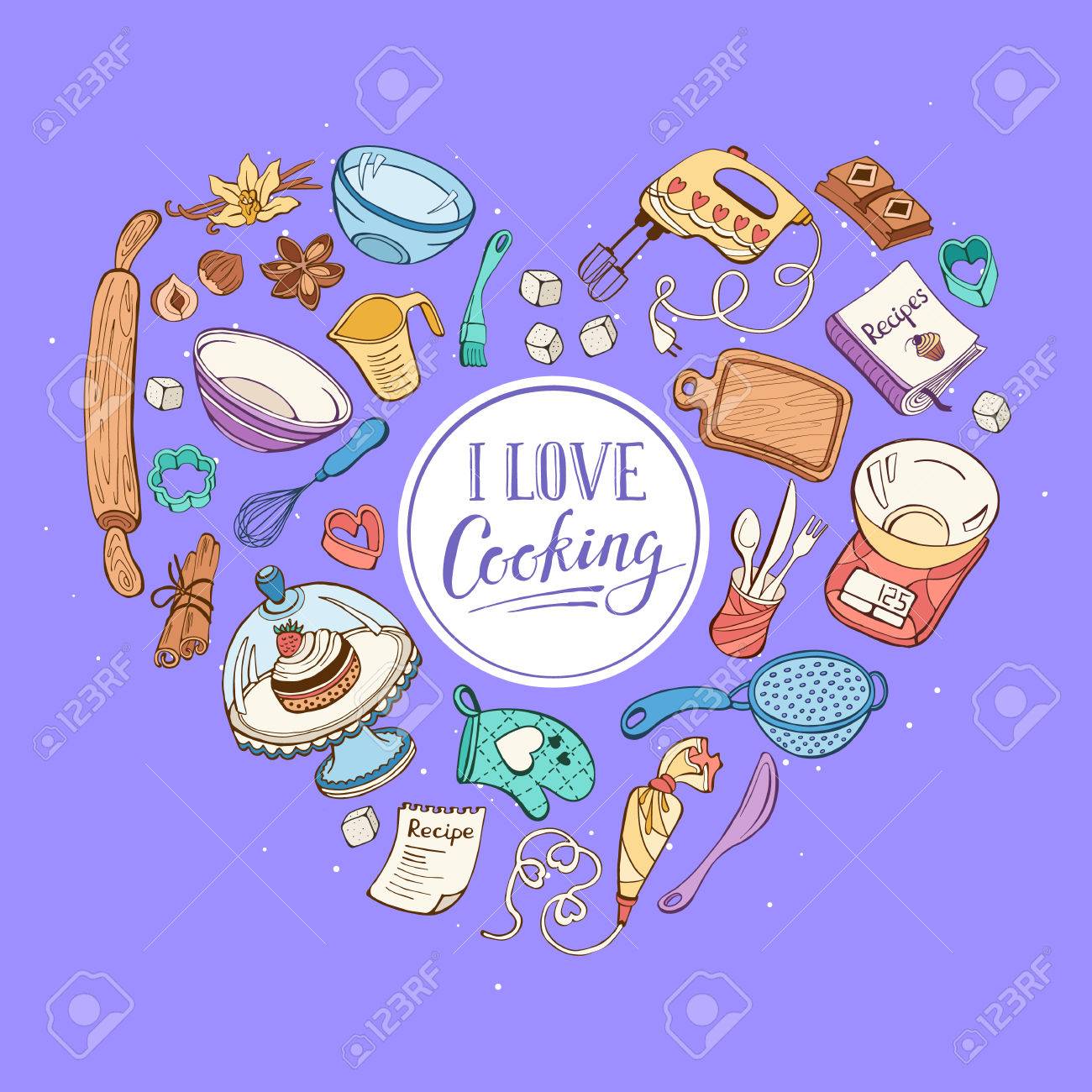 1300x1300 I Love Cooking. Baking Tools In Heart Shape. Recipe Book