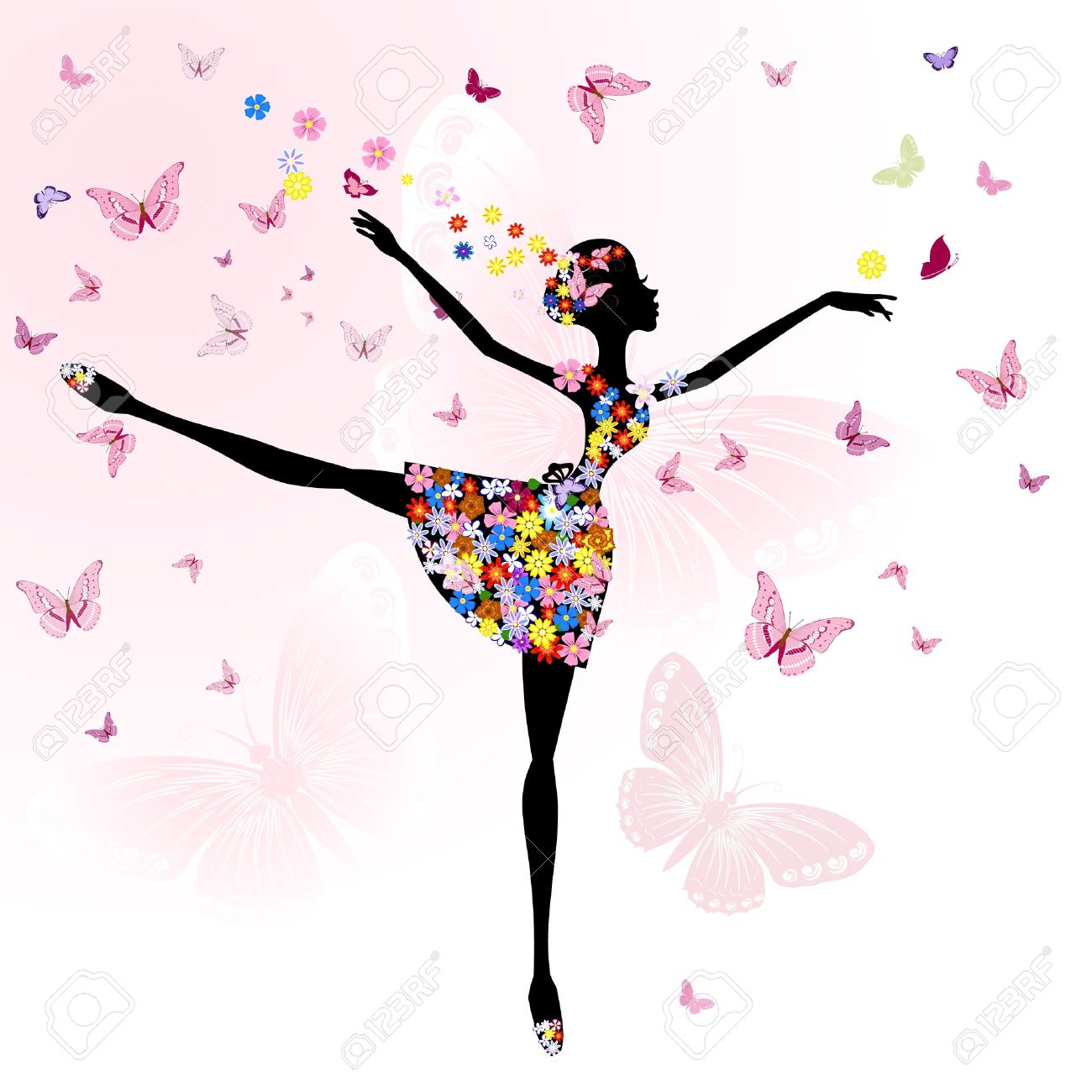 1300x1300 Ballerina Girl With Flowers With Butterflies Royalty Free Cliparts