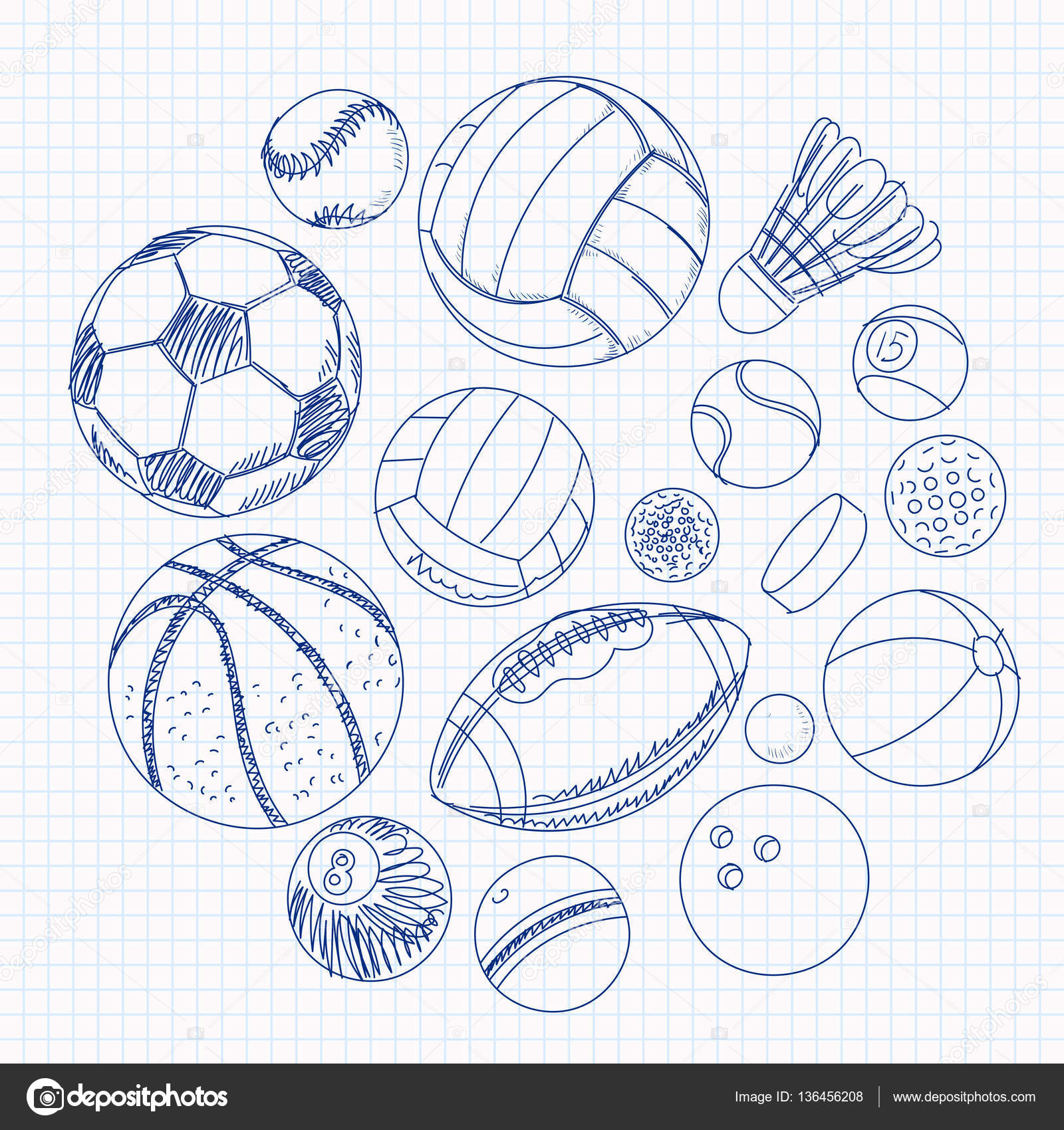 1600x1700 Freehand Drawing Sport Balls On A Sheet Of Exercise Book Stock