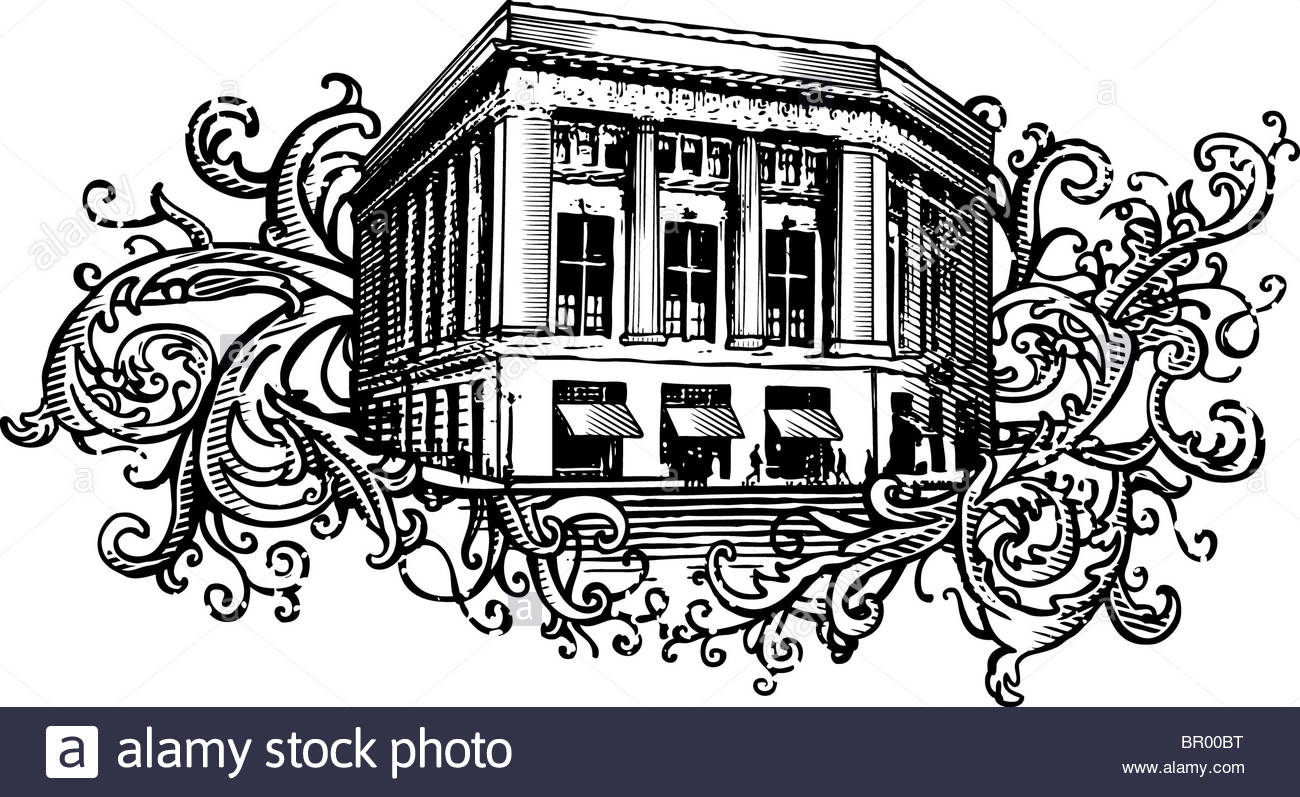 1300x797 Old Bank Building On Floral Background Shapes Stock Photo