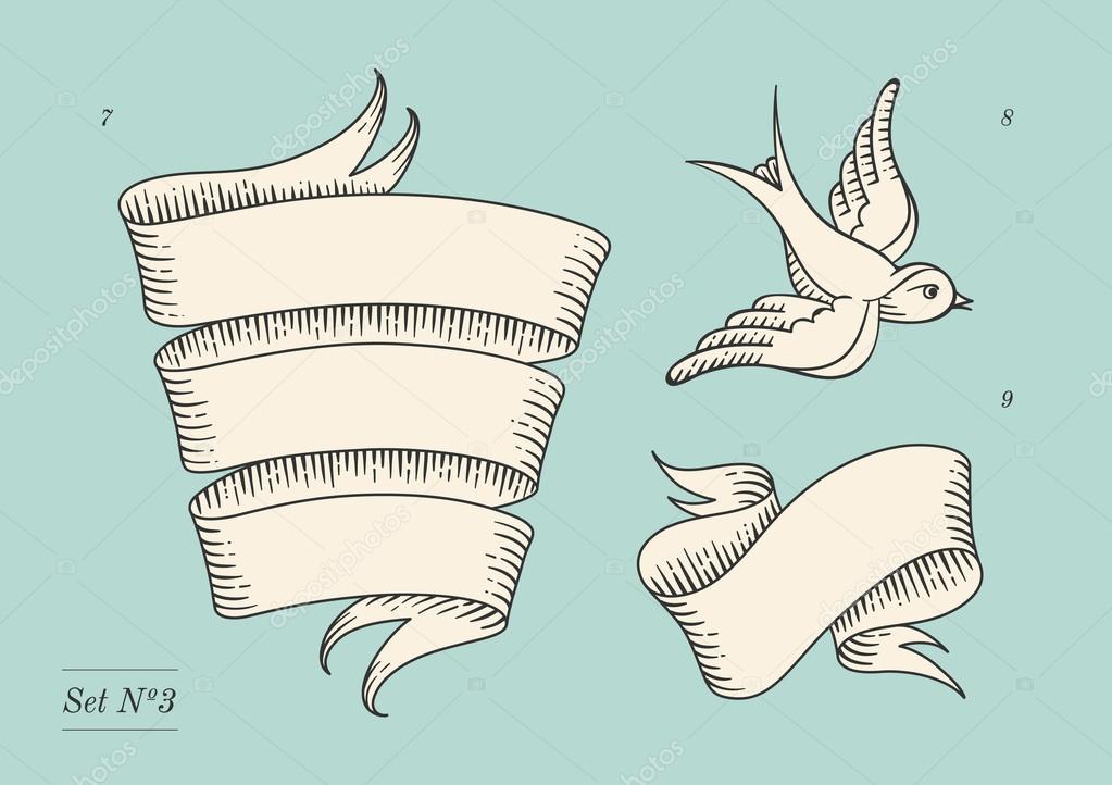 1023x722 Set Of Old Vintage Ribbon Banners And Drawing In Engraving Style