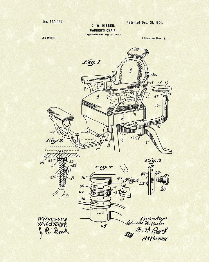 720x900 Barber's Chair 1901 Patent Art Drawing By Prior Art Design