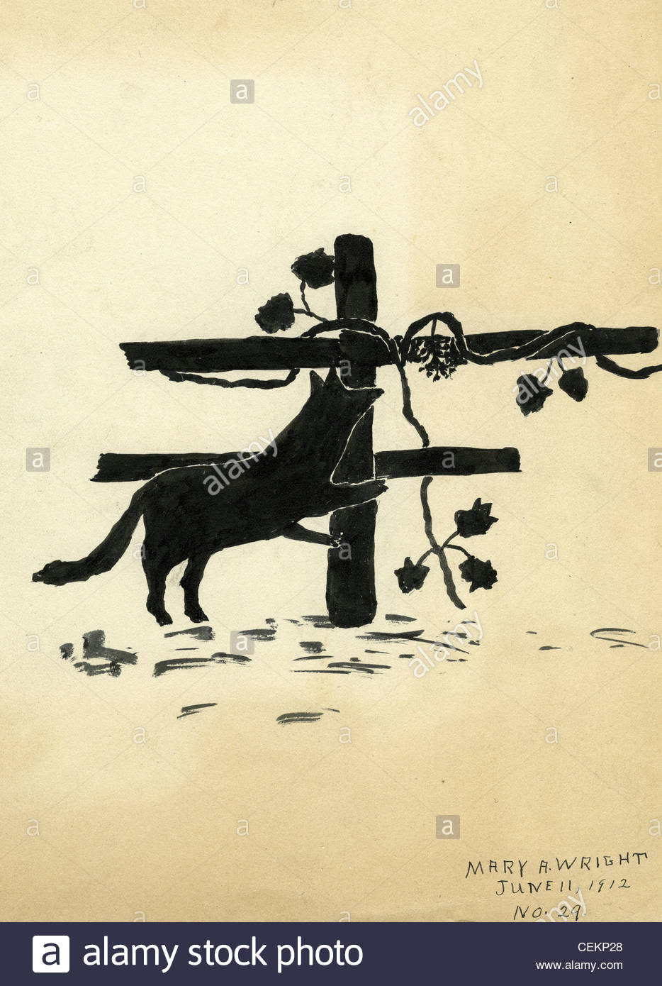 934x1390 India Ink Drawing Of Barking Dog Along Fence With Flowers American