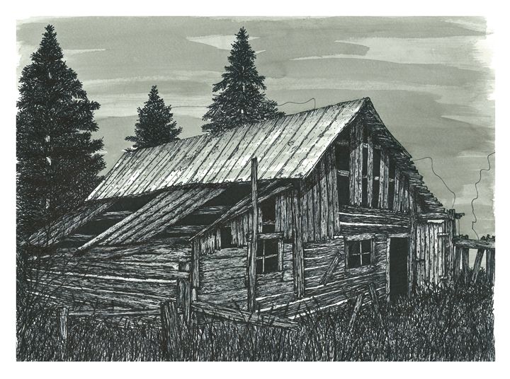 720x536 Rustic Old Barn, Ink Drawing.