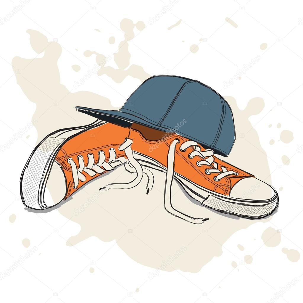 1024x1024 Drawing Vector Illustration With Sneakers And Baseball Cap Stock