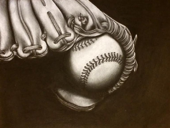 570x429 8x10 Charcoal Print White On Black Baseball And Mitt Glove