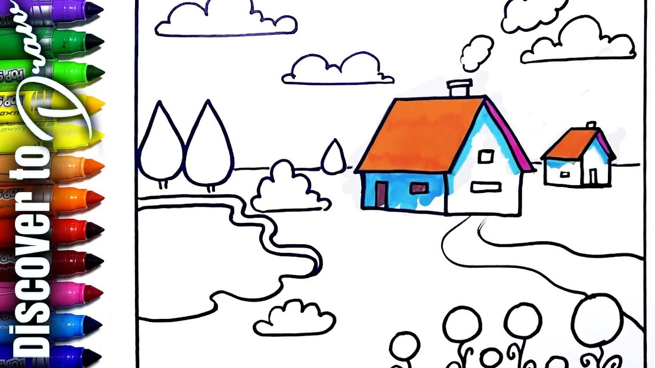 1280x720 Simple Scenery Drawing Of Cute House And Pond Basic Landscapes