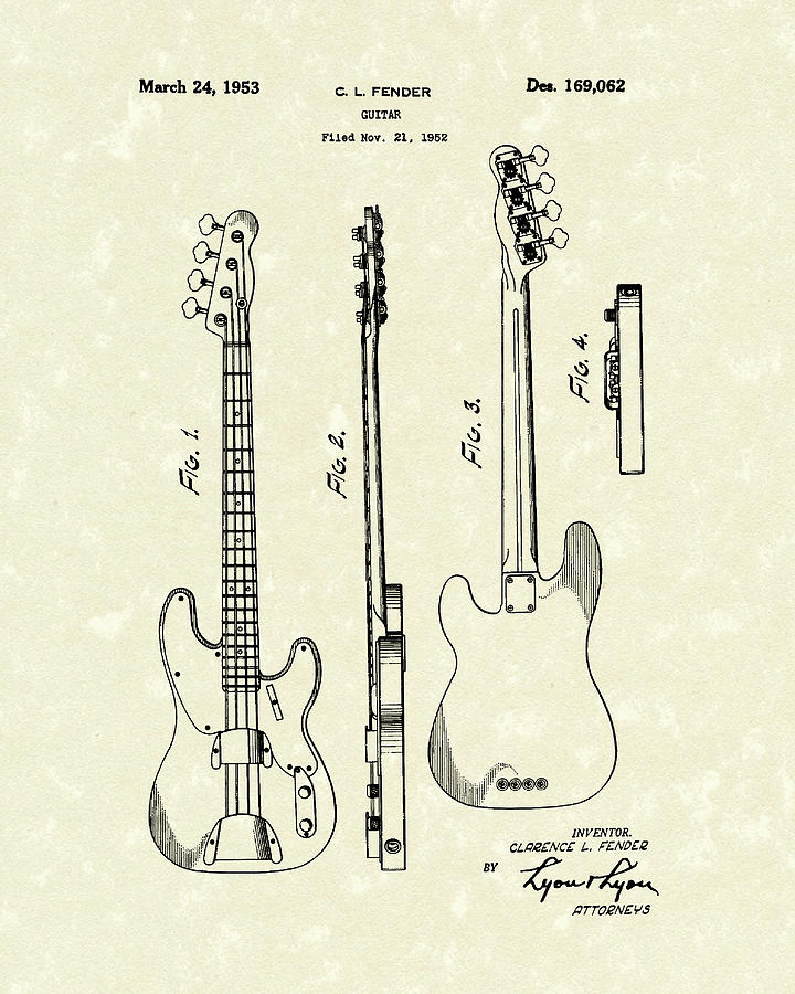 720x900 Fender Bass Guitar 1953 Patent Art Drawing By Prior Art Design