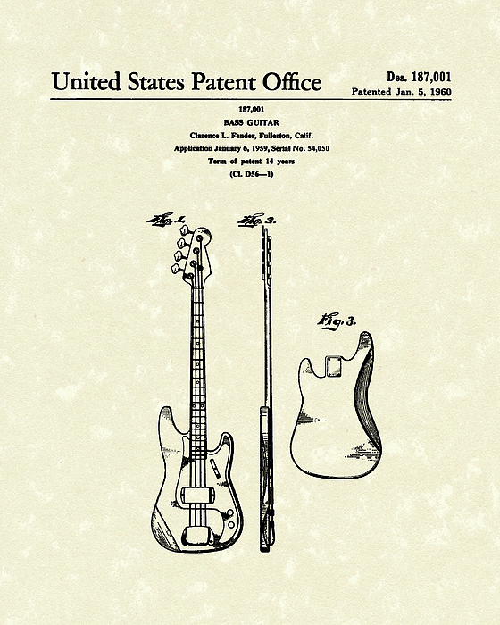 560x700 Fender Bass Guitar 1960 Patent Art Drawing By Prior Art Design