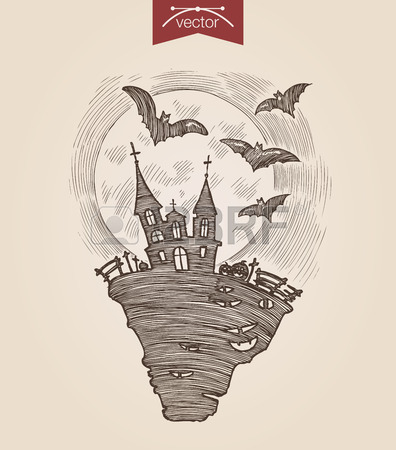 396x450 Halloween Witch Cooking Poison Black Cat Bat Handdrawn Engraving