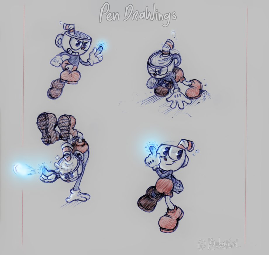 920x869 Cuphead Pen Drawing Practice [Battle Poses] By Kyubeygirl