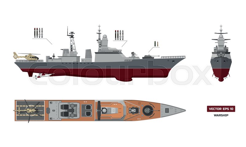 800x480 Detailed Image Of Military Ship. Top, Front And Side View