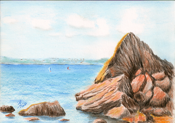 710x500 Pencil Drawing Of Meadfoot Bay, Torquay, Devon, England