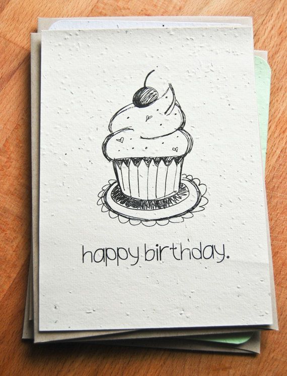 570x745 Plantable Seed Paper Happy Birthday Card, Hand Illustrated Cupcake