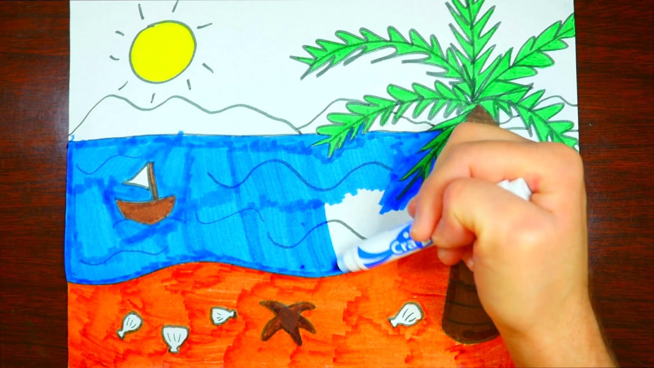 1280x720 How To Draw Beach Scenery Kids Coloring Page