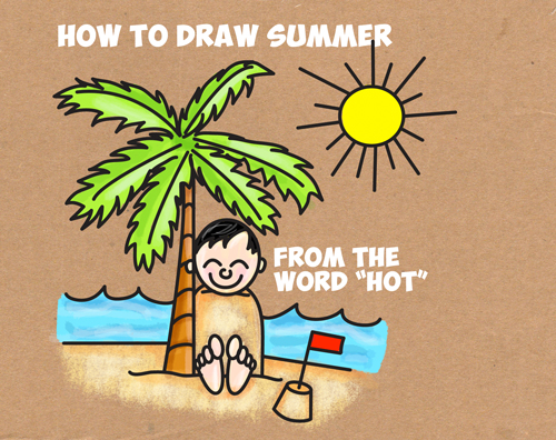 500x396 How To Draw A Cartoon Summer Beach Scene From The Word Hot