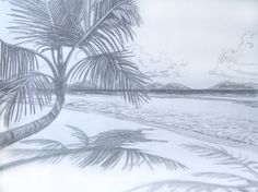 236x176 Hawaii Paradise Three Palm Tree Beach Pencil Drawing Print Palm