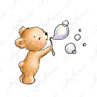 400x400 The Drawing Of Cute Teddy Bear Blowing Bubbles. Printable Art.