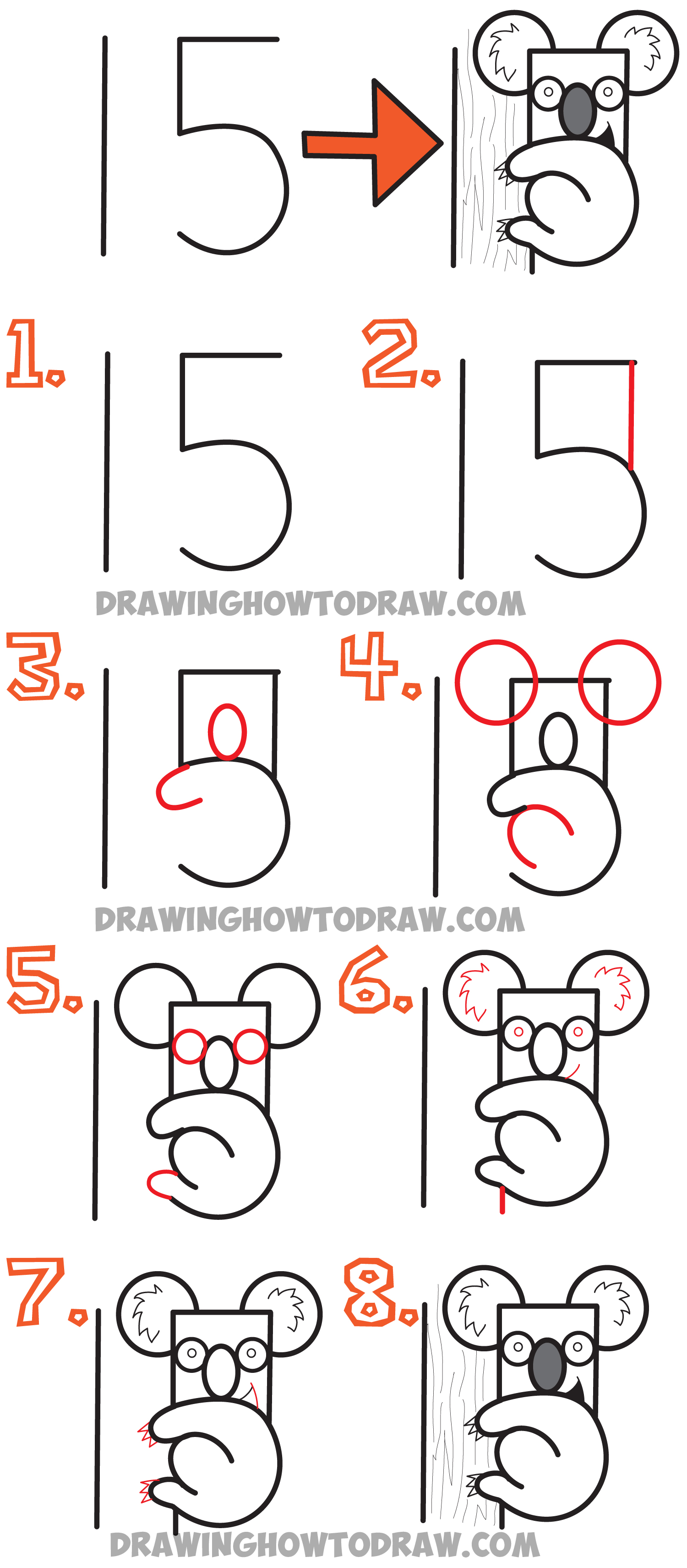 1500x3423 How To Draw A Cartoon Koala Bear From The Number 15