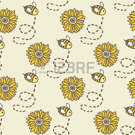 450x450 Honey Jar, Flower And Bee. Hand Drawn Seamless Cartoon Pattern