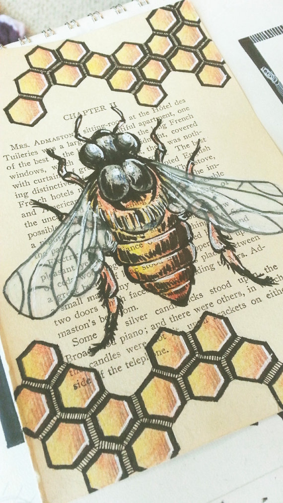 570x1013 Original Honey Bee Drawing Hand Drawn Book Art