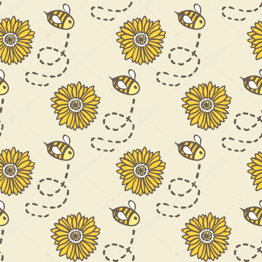 1024x1024 Honey Bee And Sunflower. Hand Drawn Seamless Cartoon Pattern