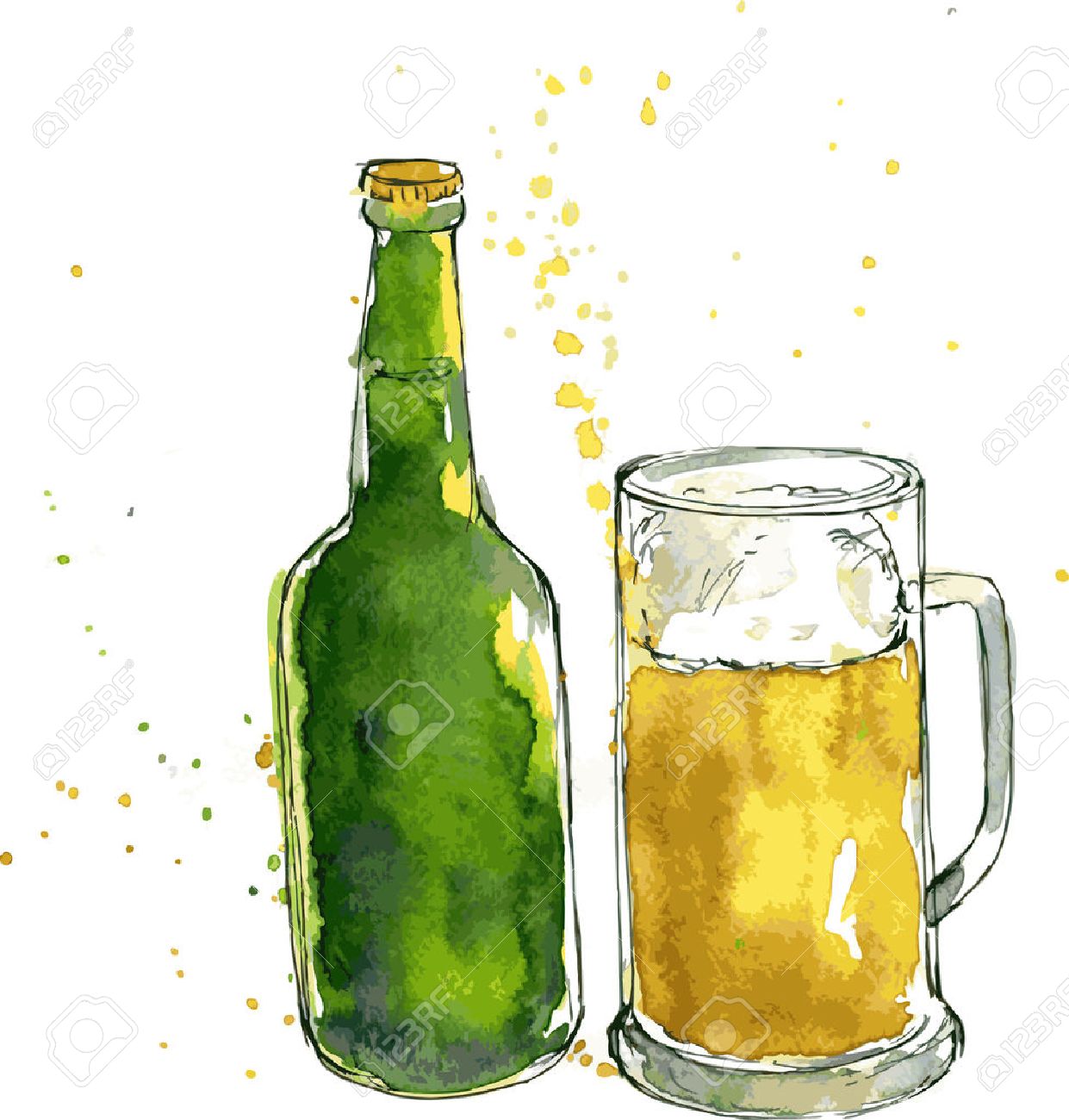 1241x1300 Beer Bottle And Cup, Drawing By Watercolor And Ink, Hand Drawn