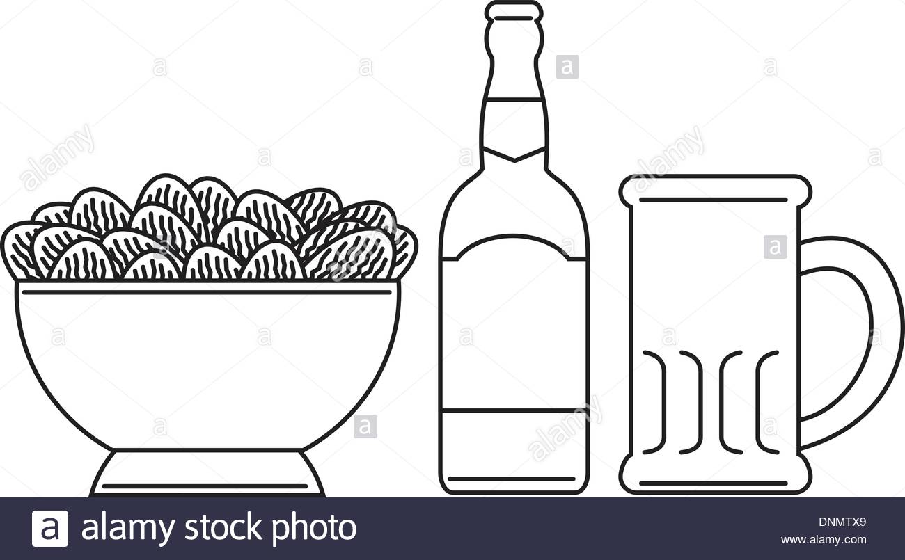 1300x805 Line Drawing Illustration A Beer Bottle, Beer Mug, Bowl