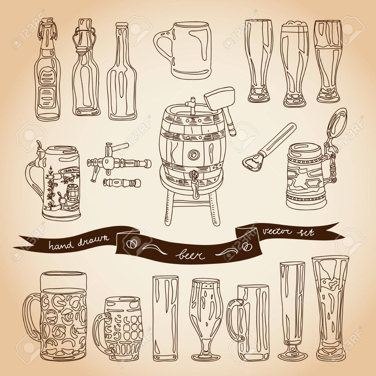 1300x1300 Vector Collection Of Beer Glasses And Bottles Icons. Hand Drawn