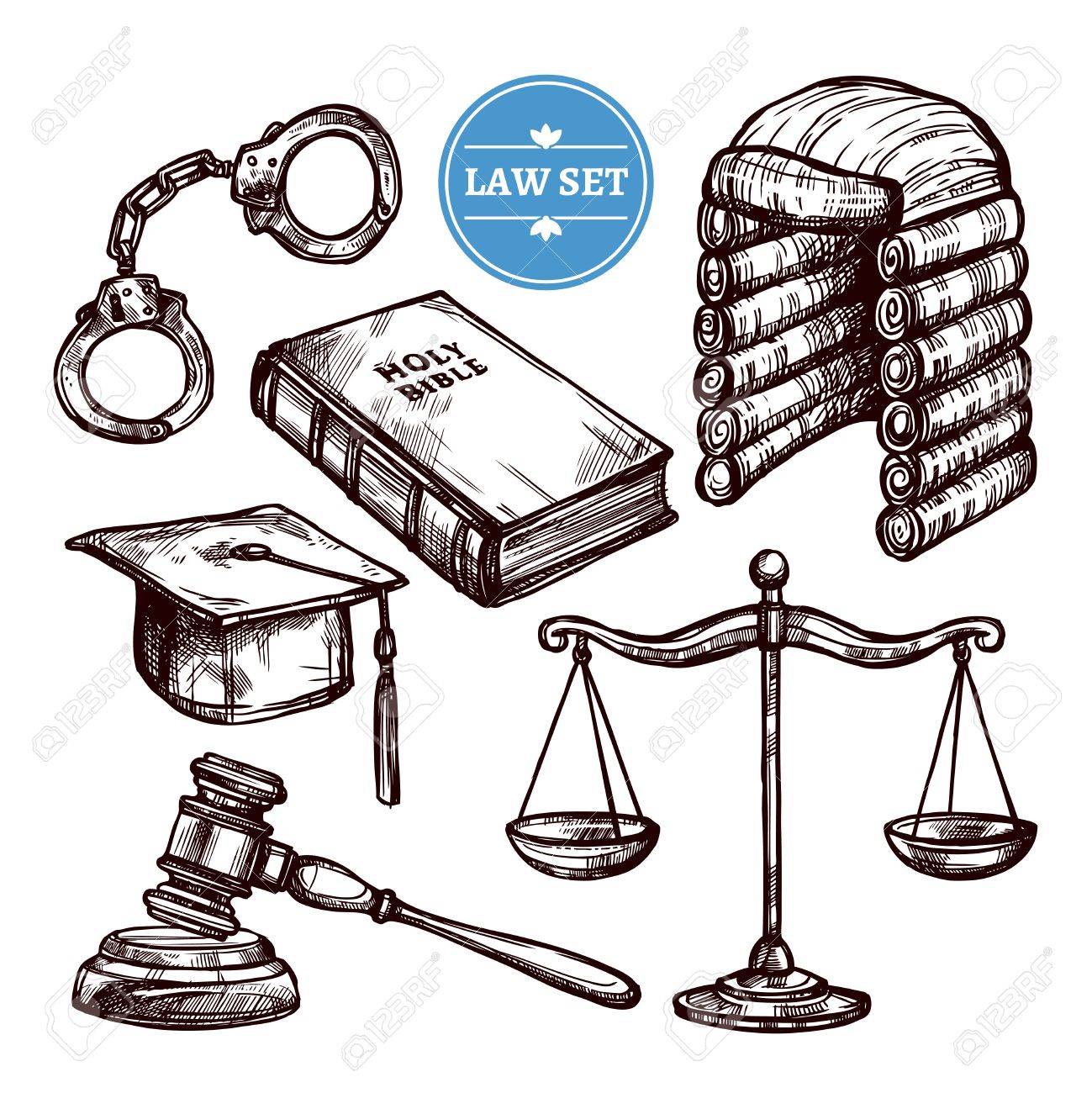 1299x1300 Hand Drawn Law Symbols Set With Holy Bible Scales Handcuffs