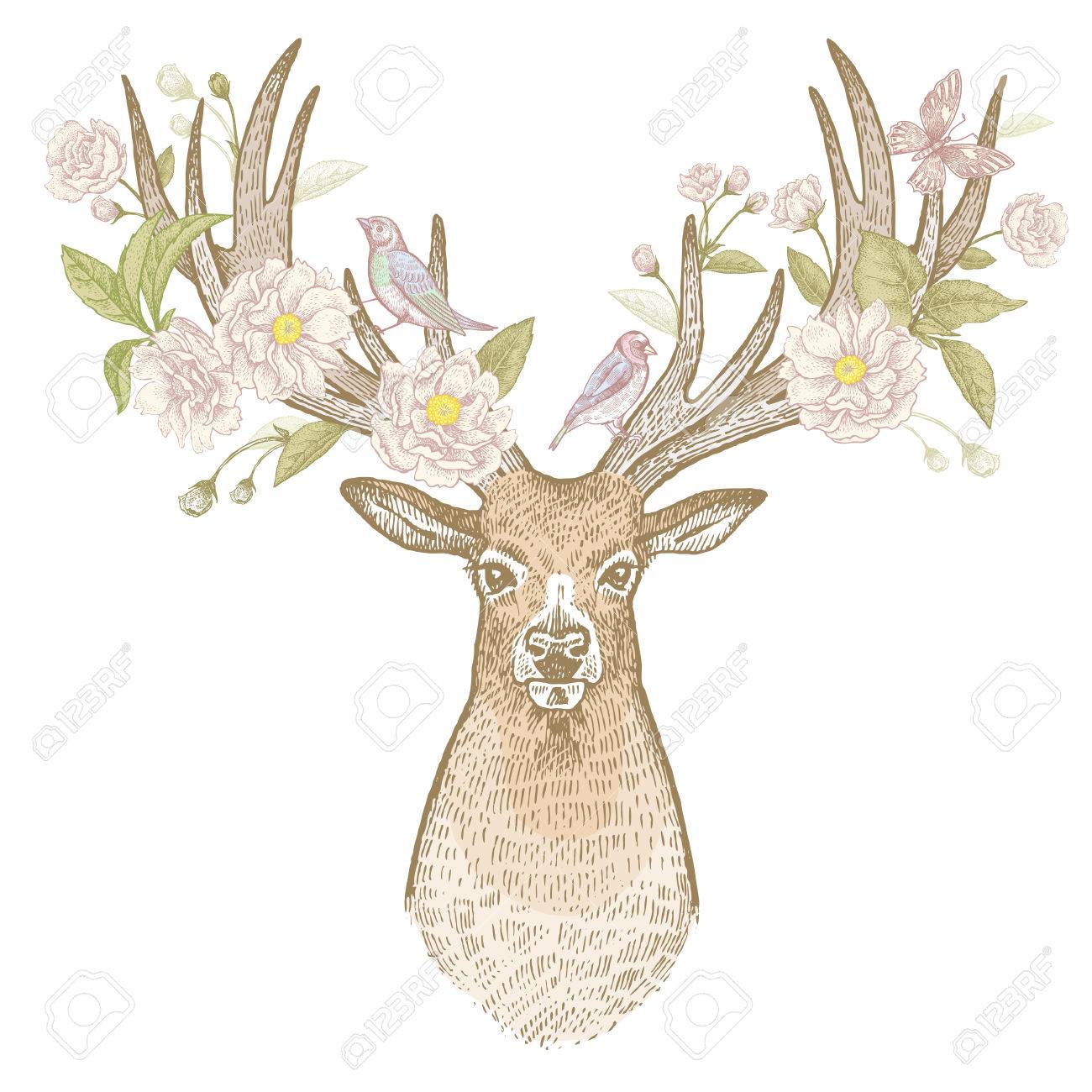 1300x1300 Head Of Deer With Big Horns Full Face Flowers, Branches