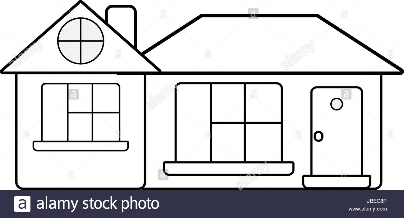 1300x701 Line Big House With Roof And Windows With Door Stock Vector Art