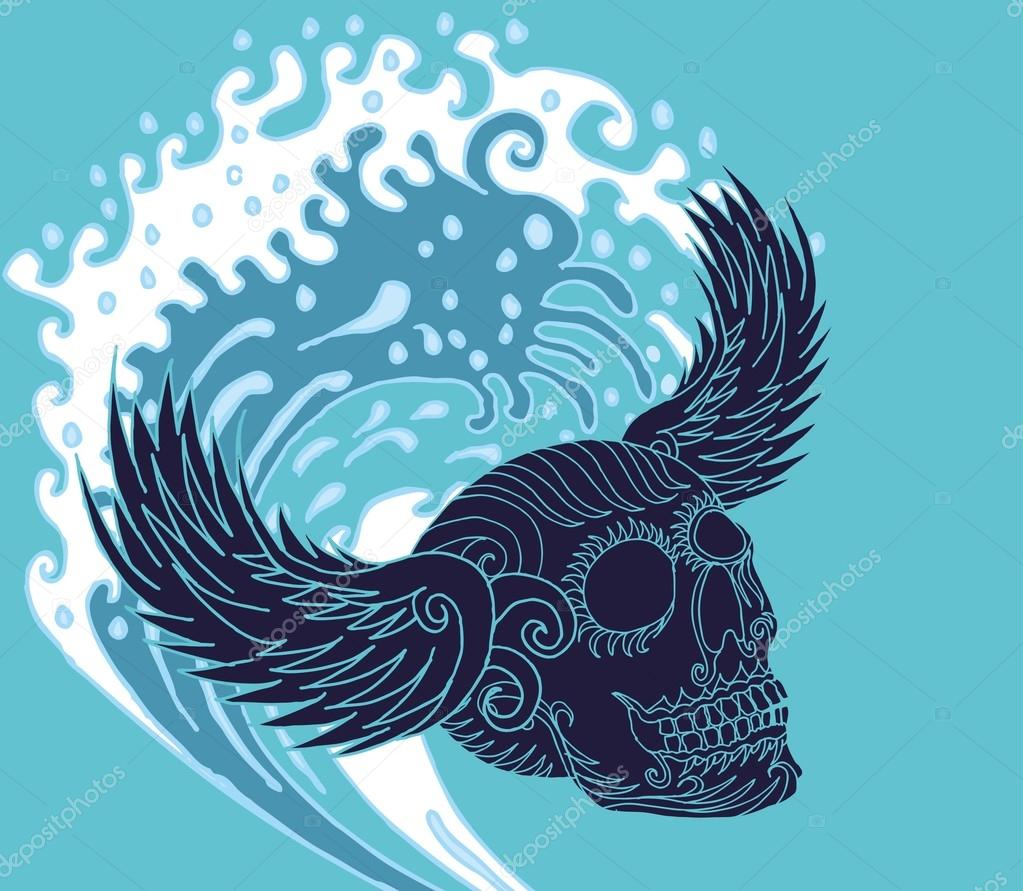 1023x891 Big Wave Tattoo Skull And Wings Vector Art Stock Vector