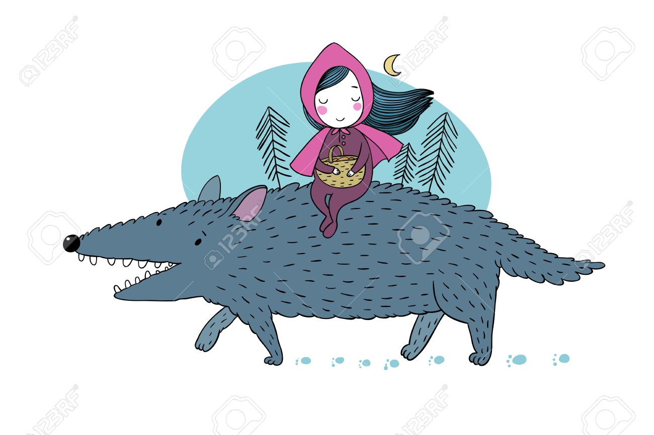 1300x866 Little Red Riding Hood Fairy Tale. Little Cute Girl And Big Wolf