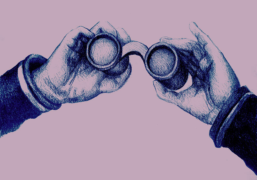 900x629 Colorful Detailed Drawing Of Hand Holding Binoculars. Illustration