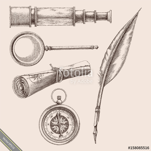 500x500 Vintage Compass, Quill Pen, Magnifying Glass,binoculars And Old