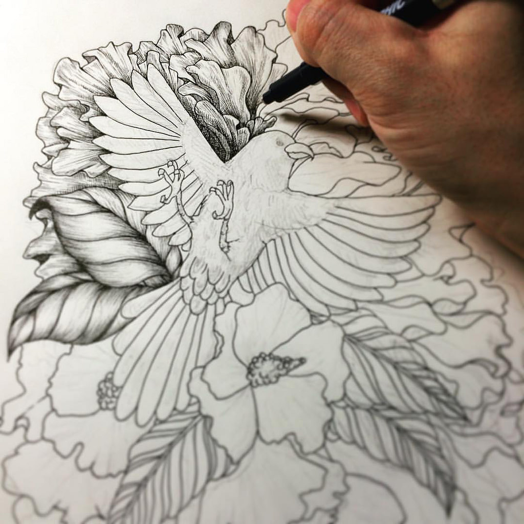 1024x1024 Pencil Drawing Birds And Flower Drawn Bird Flower