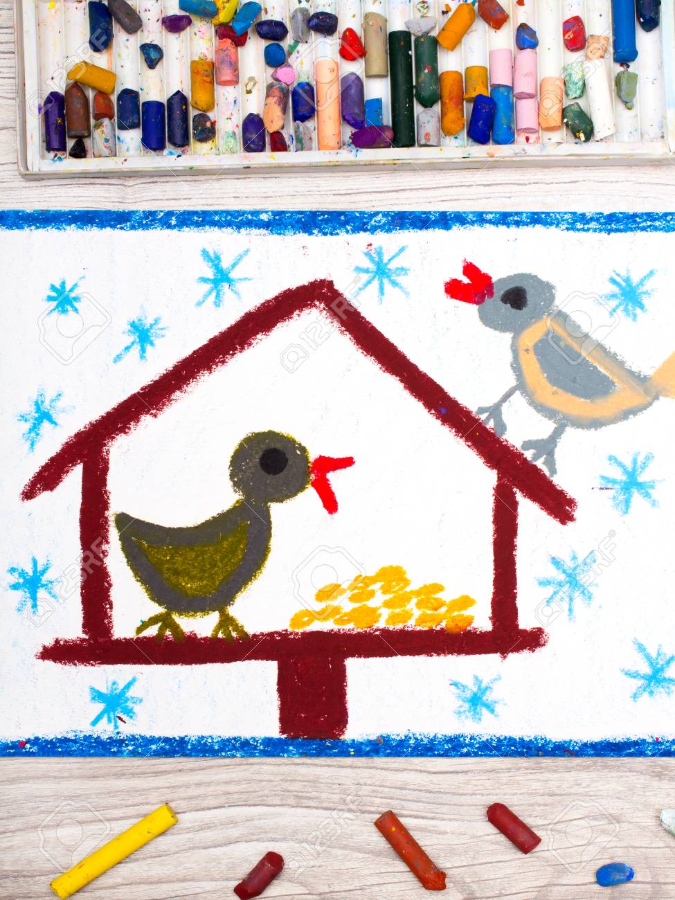 975x1300 Photo Of Colorful Drawing Bird Feeder, Winter And Two Cute Birds