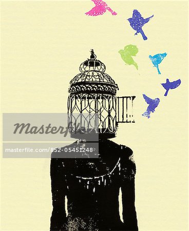 368x450 Birds Flying Out Of Woman's Head Birdcage