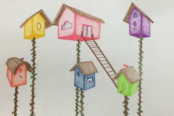 600x400 Birdhouses In 2 Point Perspective. Drawing And Coloring. Art Lesson.