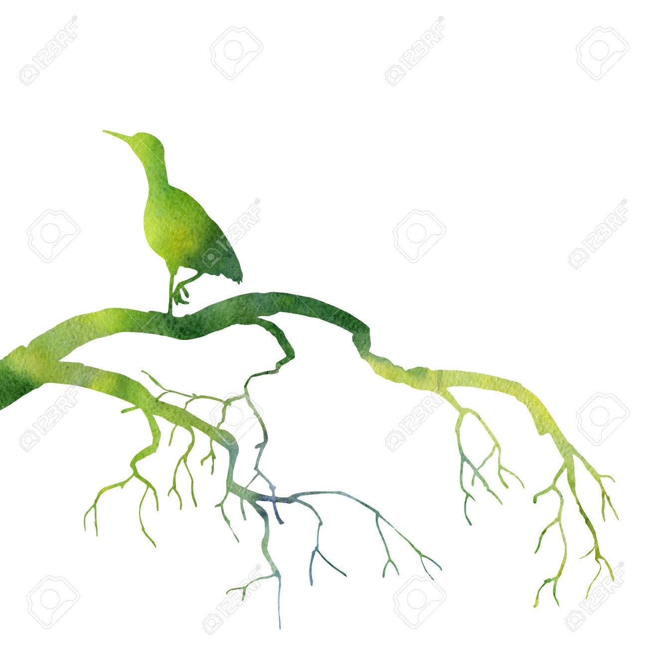 1300x1300 Silhouette Of Bird At Tree Drawing In Watercolor, Hand Drawn
