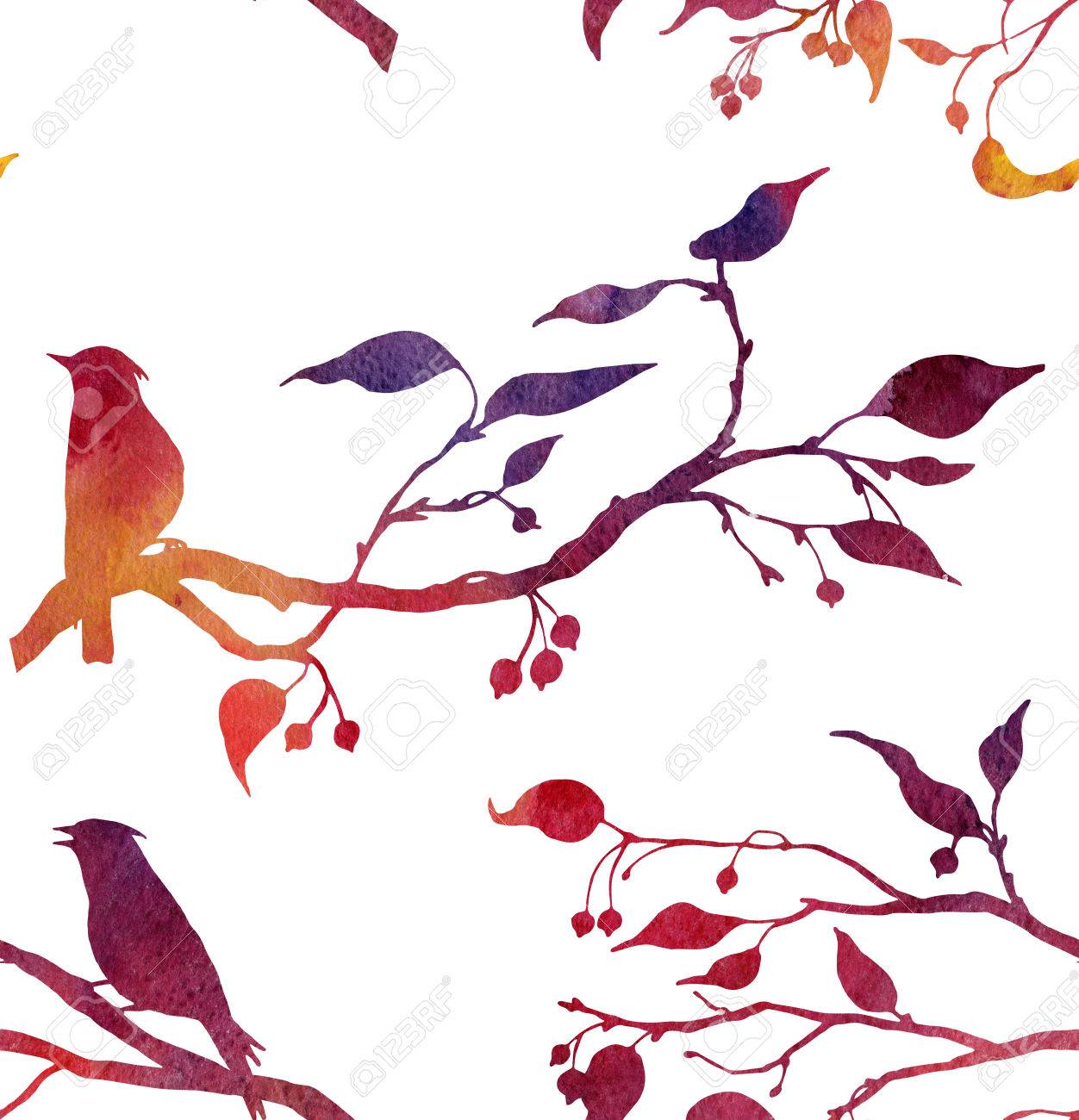1252x1300 Seamless Pattern With Silhouettes Of Birds At Tree Drawing