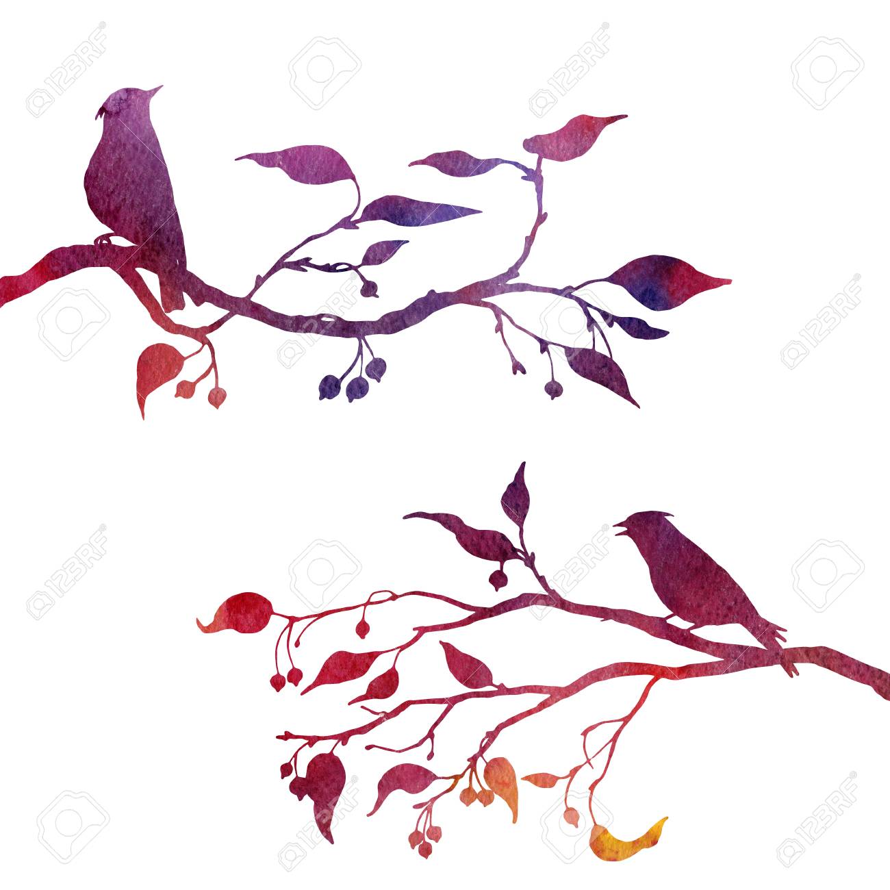 1300x1300 Silhouettes Of Birds At Tree Drawing In Watercolor, Hand Drawn