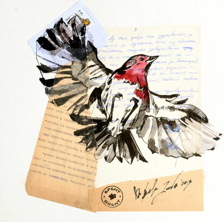 770x763 Saatchi Art Flying Bird Ink On Vintage Letters, Original Drawing