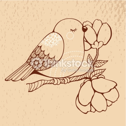 414x414 Vector Art Cute Bird Sitting On A Blooming Branch Of Tree