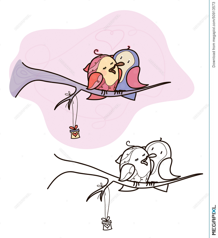 732x800 Vector Two Birds Sitting On Branch, For Valentines Day Design
