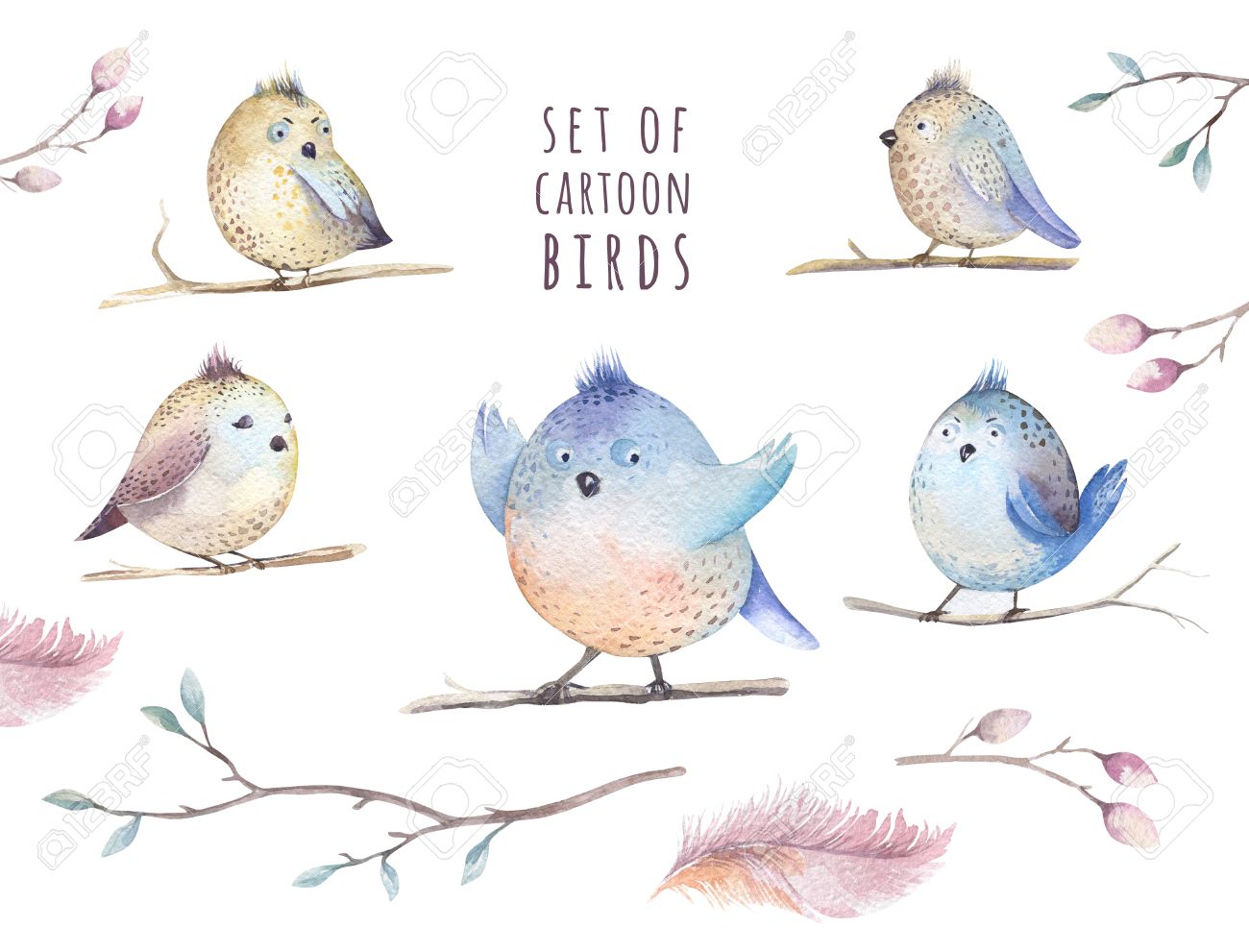 1300x991 Hand Drawing Watercolor Flying Cartoon Bird Witm Leaves, Branches