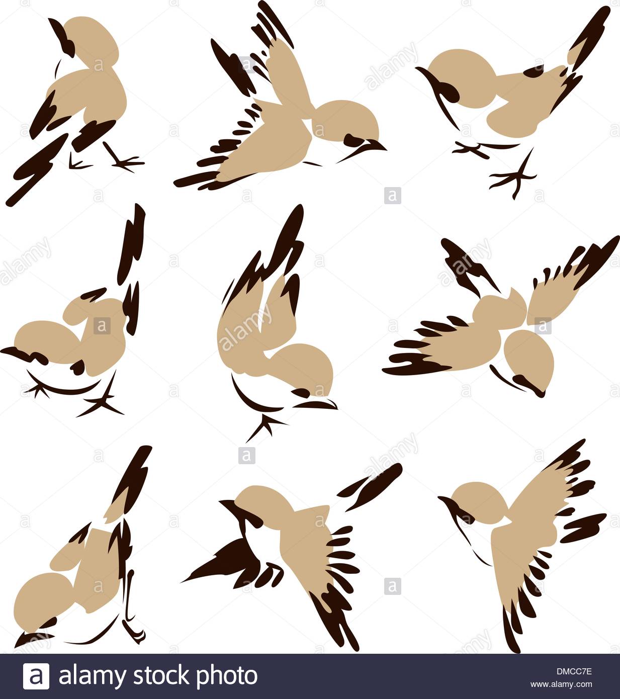 1233x1390 Stylish Flying Bird Painting Drawing Set Stock Vector Art