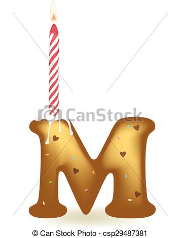 355x470 Letter M Birthday Candle In Cake Form. Vector